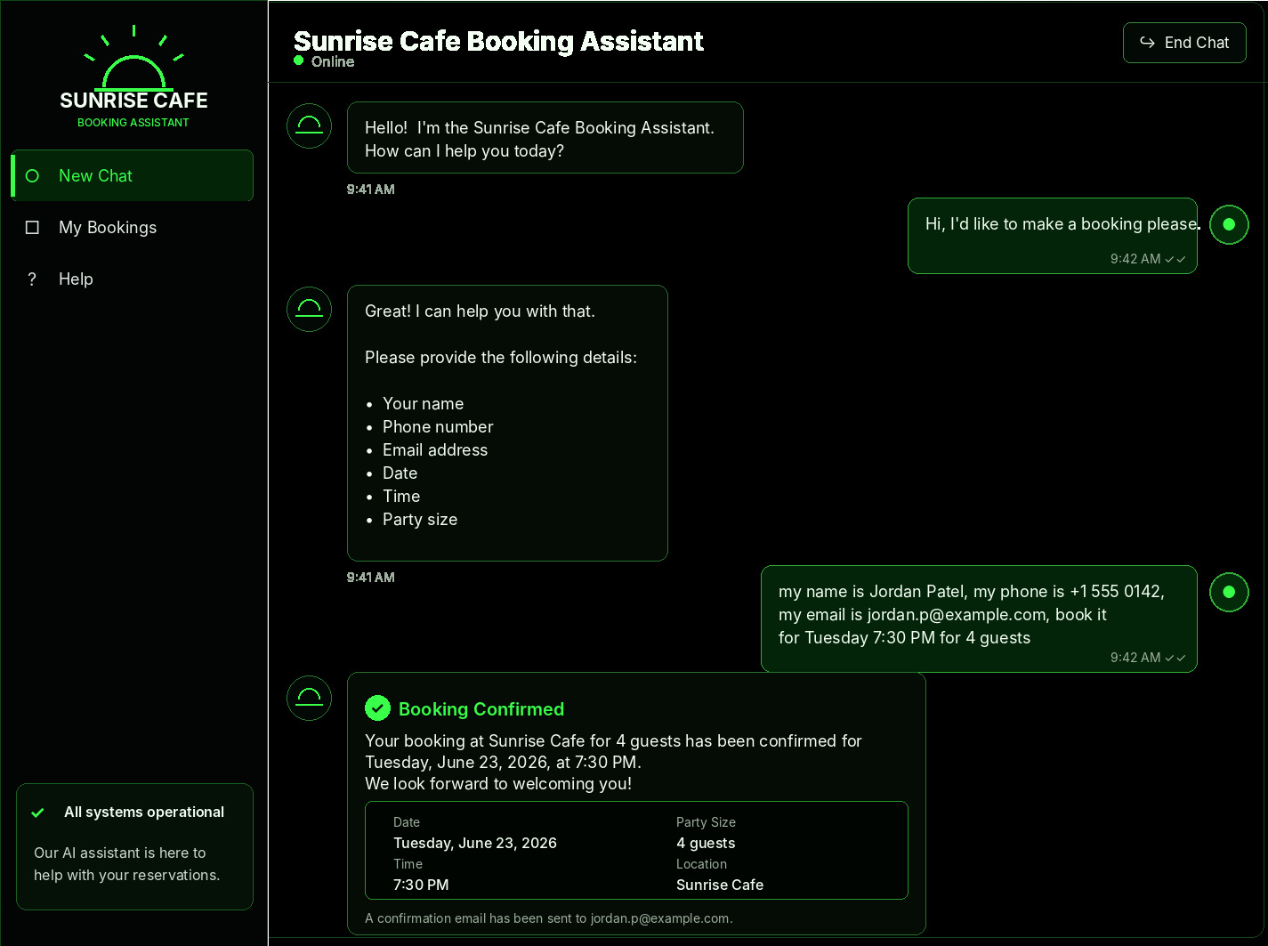 Demo booking conversation with the FlowPort AI booking assistant