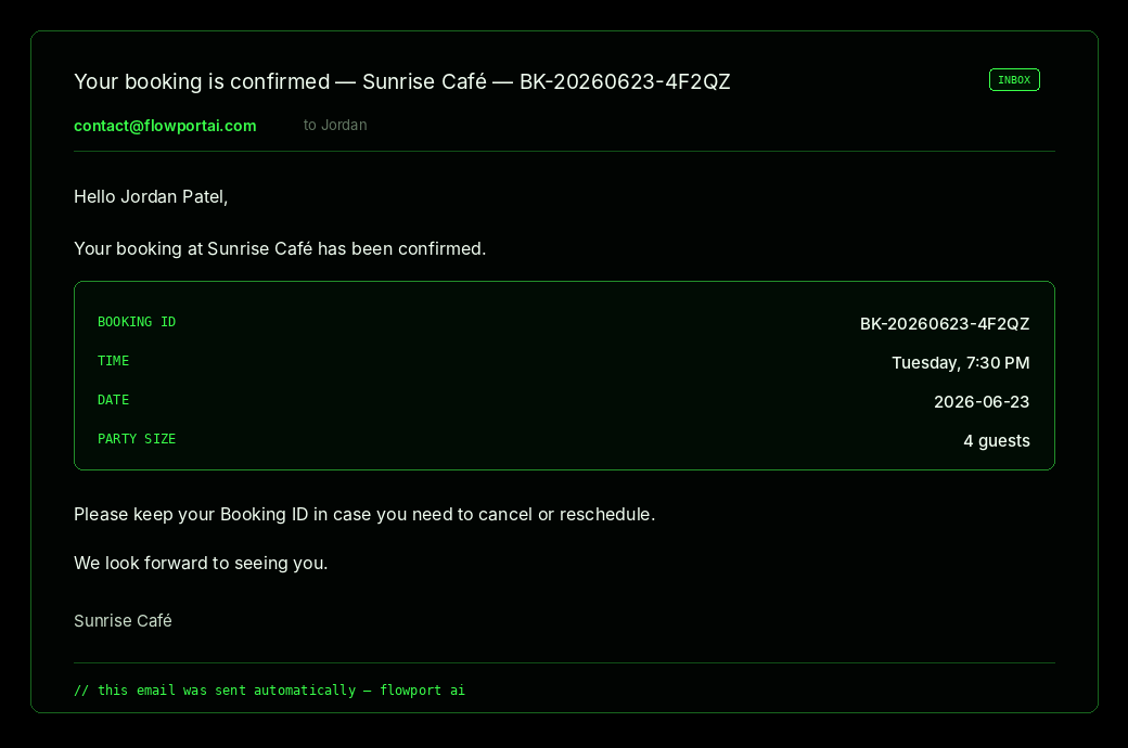 Automatic booking confirmation email sent to the customer
